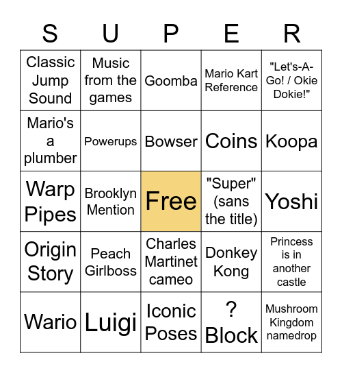 Super Mario Trailer Predictions Bingo Card