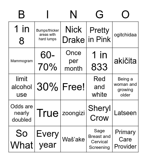 Pink Bingo Card