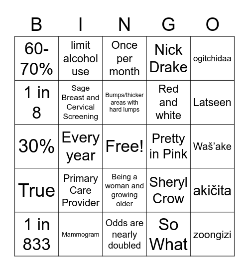 Pink Bingo Card