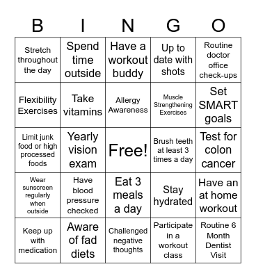 Health Habits Bingo Card