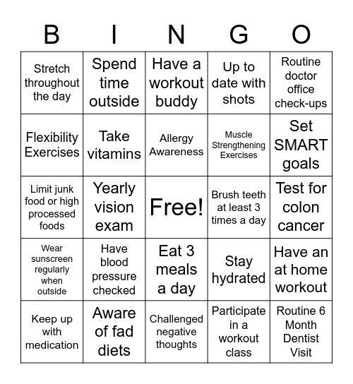 Health Habits Bingo Card