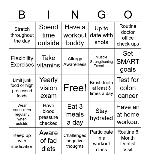 Healthy Habits Bingo Card