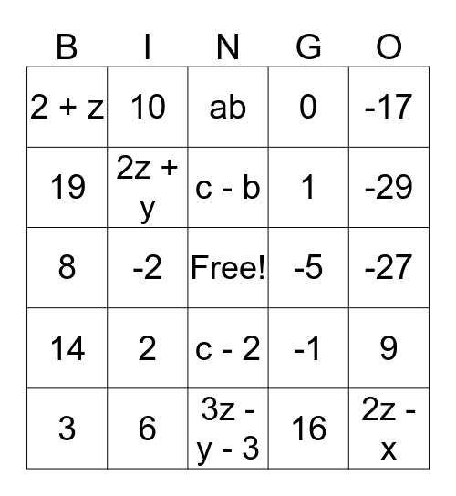 Solving Linear and Literal Equations Bingo Card