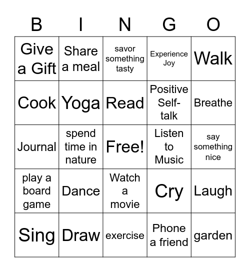 Coping Strategies Bingo Card