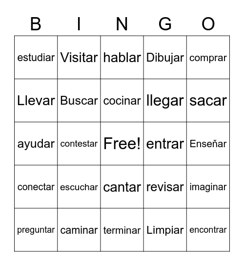 Verbos que terminan en AR Bingo Card