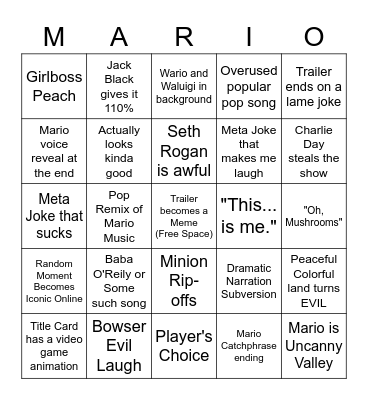 Mario Movie Teaser Predictions Bingo Card