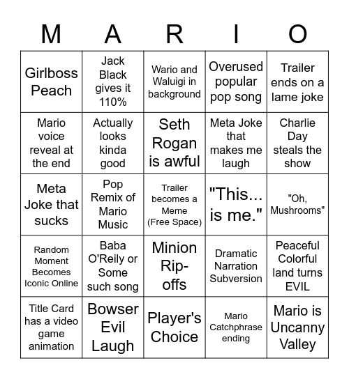 Mario Movie Teaser Predictions Bingo Card