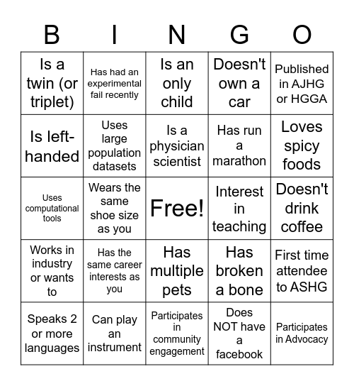 Trainee Social Reception Bingo Card