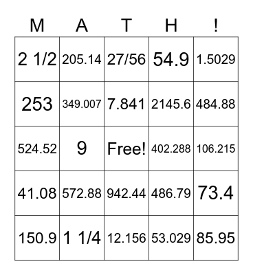 Decimals/Fractions Bingo Card