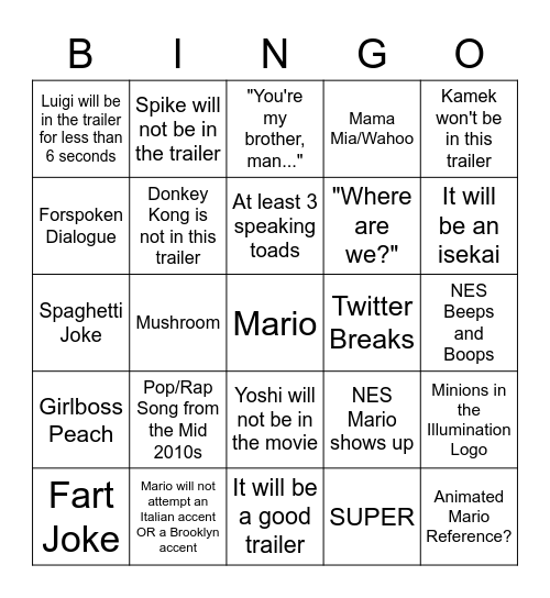 Mario Movie Bingo Card