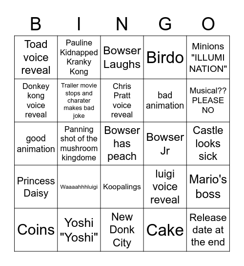 MAriO movie Bingo Card