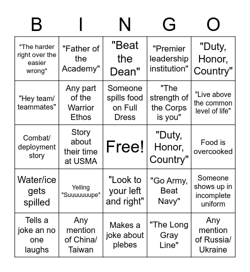 Thayer Night Bingo Card