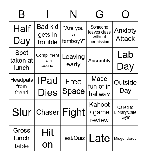 School Bingo Card