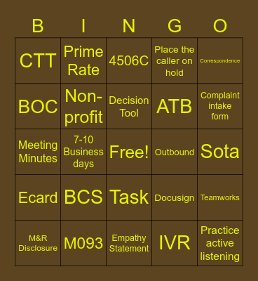 Customer Service Bingo! Bingo Card