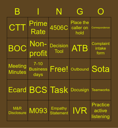 Customer Service Bingo! Bingo Card
