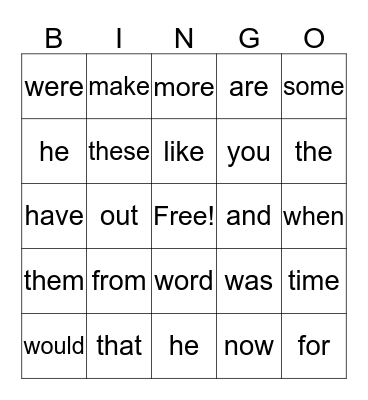 Sight Words Bingo Card