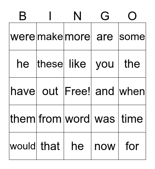 Sight Words Bingo Card