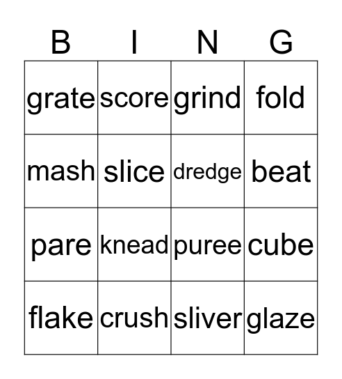 Kitchen Terms Bingo Card