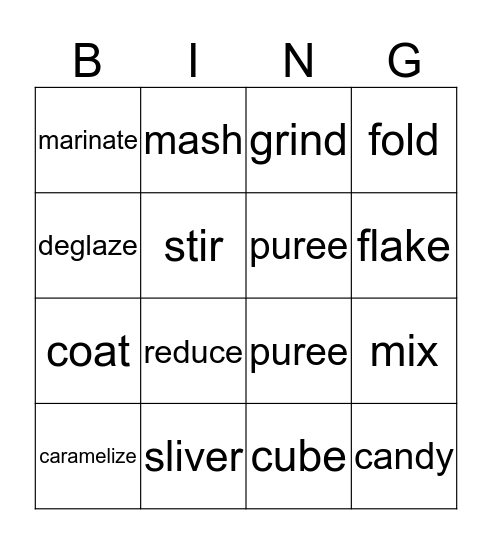 Kitchen Terms Bingo Card
