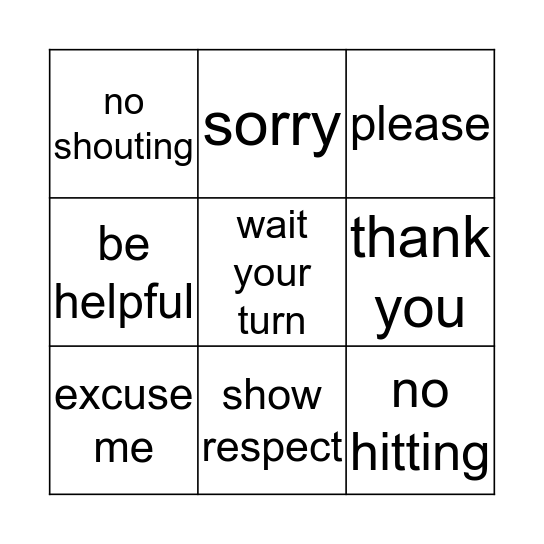 MANNERS BINGO Card