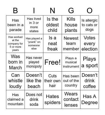 Get To KNow Bingo Card