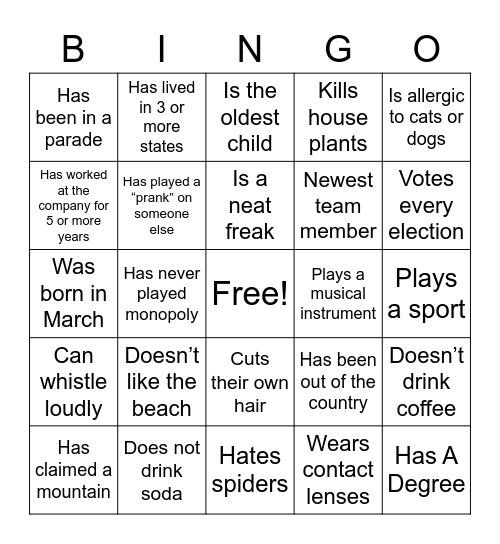 Get To KNow Bingo Card