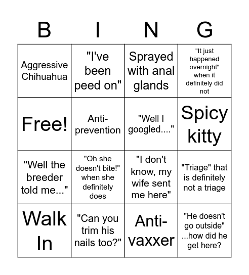 Vet Tech Bingo! Bingo Card