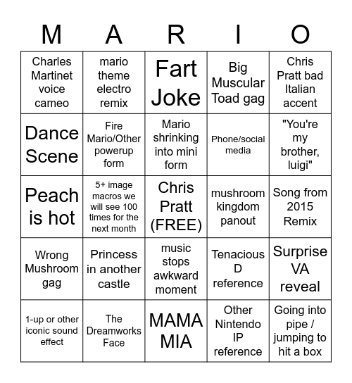 Mario Movie Trailer BINGO Card