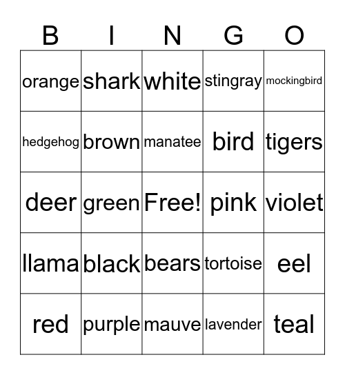 Colors and Animals Bingo Card