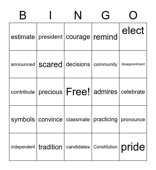 Vocabulary Bingo Card