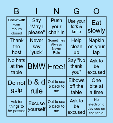 Courteous & Cool Etiquette School Bingo Card