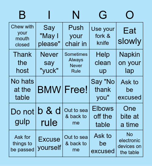 Courteous & Cool Etiquette School Bingo Card