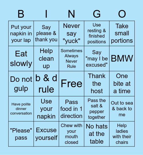 Courteous & Cool Etiquette School Bingo Card