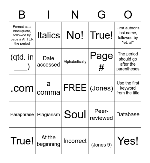 Citation Bingo Card