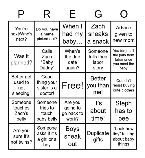 Steph's Baby Shower Bingo Card