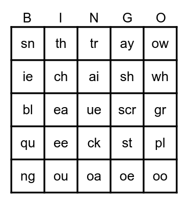 Blends and Digraphs Bingo Card
