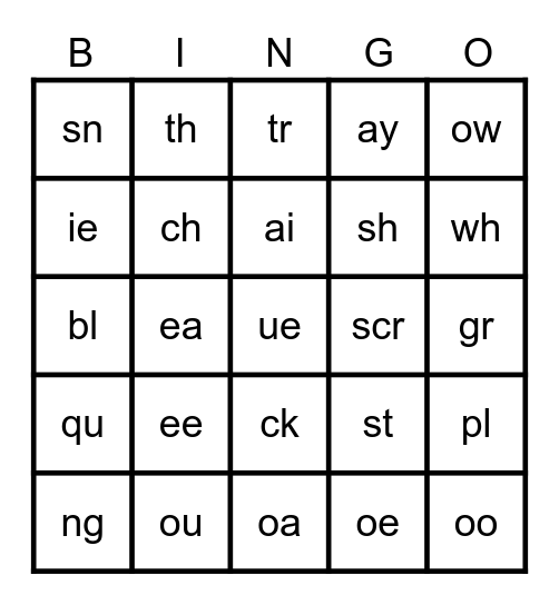 Blends and Digraphs Bingo Card