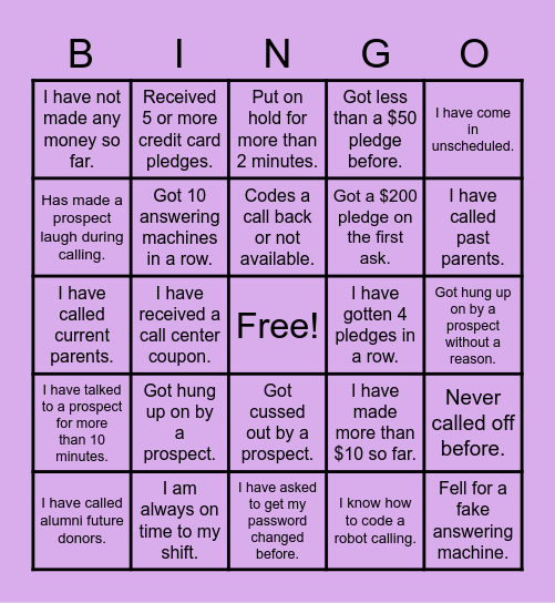 Call Center Bingo :) Bingo Card