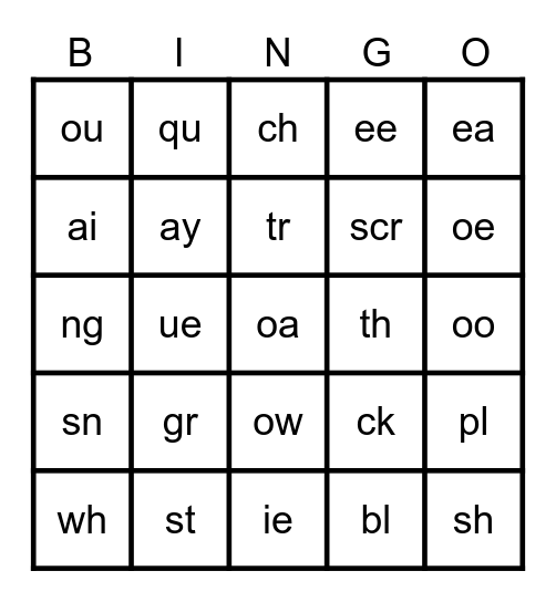 Blends and Digraphs Bingo Card
