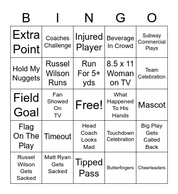 Thursday Night Football Bingo Card