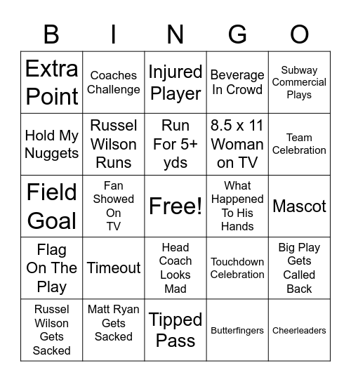 Thursday Night Football Bingo Card