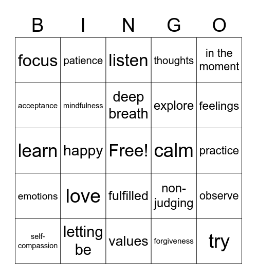 Mindfulness Bingo Card