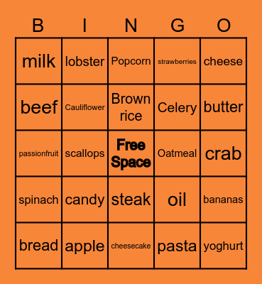 Nutrition Bingo Card