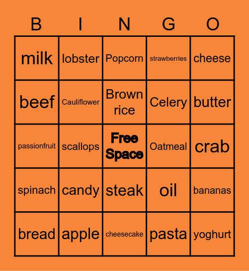 Nutrition Bingo Card