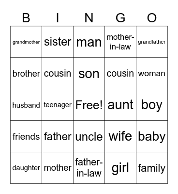 family bingo Card