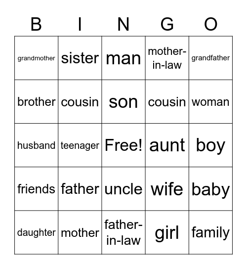 family bingo Card