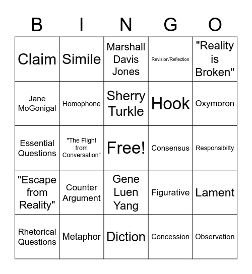 English Bingo Card