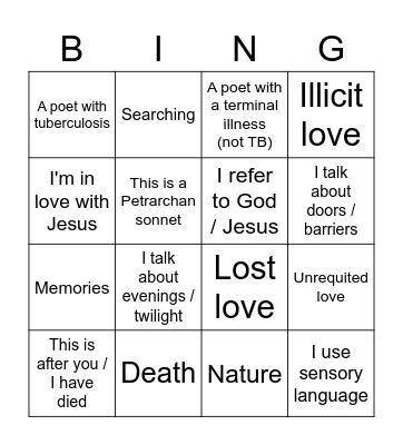 Victorian poetry themes Bingo Card