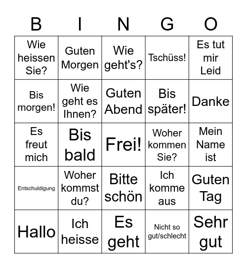 German Greetings & Courtesy Bingo Card