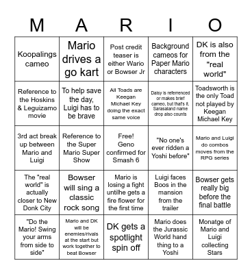 Mario Movie Predictions Bingo Card